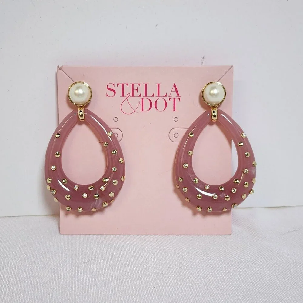 Stella & Dot Pink Resin Teardrop Earrings w/ Pearl‎ Studs & Gold Accents 2.5